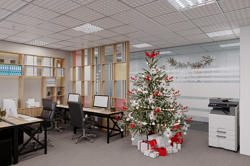 Empty Modern  Corporate Office With Christmas Decoration