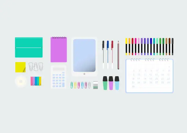 Vector illustration of Tablet, calculator, diary, calendar, cello, clips, post-its, colored markers, folder, notebook and sheets