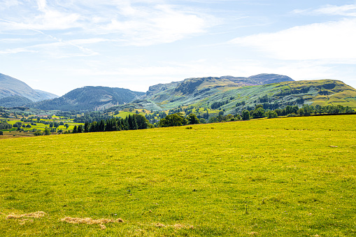 View of hills around Keswick in Lake District, a region and national park in Cumbria in northwest England