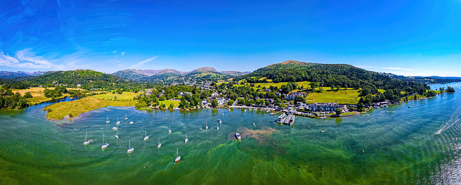 Aerial view of Waterhead and Ambleside in Lake District, a region and national park in Cumbria in northwest England, UK