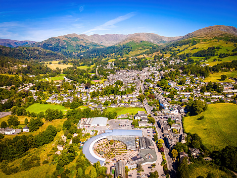 Aerial view of Waterhead and Ambleside in Lake District, a region and national park in Cumbria in northwest England, UK