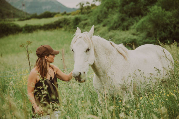 istock Woman with a white horse 1431637032