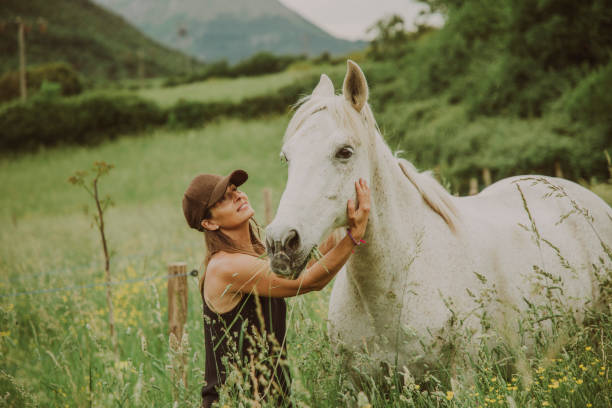 istock Woman with a white horse 1431637039