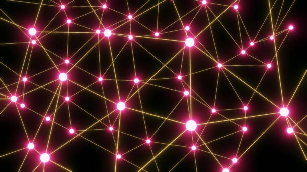 istock Abstract technology 3D background with neon glowing yellow red lines on black, plexus science graph 1431638264