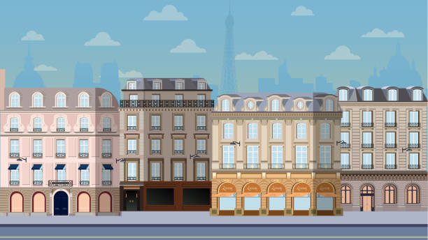TRADITIONAL PARIS ARCHITECTURE vector illustration day in paris. Classical architecture of the central streets of Paris. Typical facades of Parisian houses paris france stock illustrations