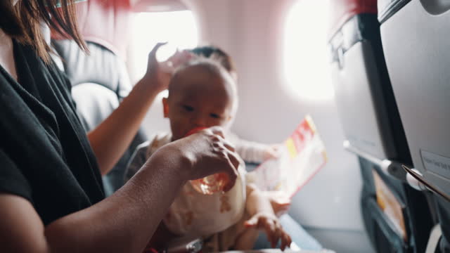 Parent with child traveling by commercial plane