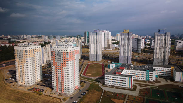 istock Modern urban architecture. Multi-storey buildings with infrastructure. Densely populated urban area. Overcast weather. Aerial photography. 1431642946