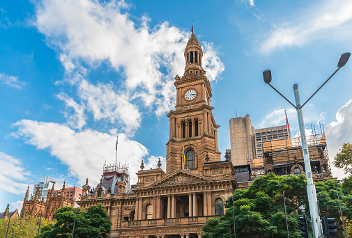 Sydney Town Hall viewed from George street on a day, NSW, Australia