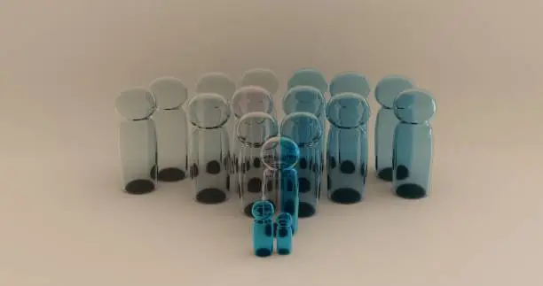 Scene of the family tree of blue and white glass, behind each parent the ancestors are visualized. 3d illustration