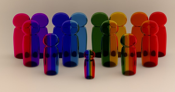 Family. Rainbow family tree scene, behind each glass member the ancestors are seen. 3d illustration