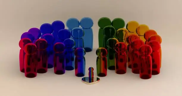 Family. Rainbow family tree scene, behind each glass member the ancestors are seen. 3d illustration