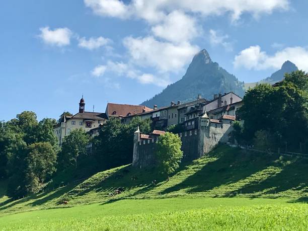 Swiss - Canton of Fribourg- Gruyères Switzerland - canton of Fribourg-Gruyères. Gruyères is a medieval town in the Swiss canton of Fribourg. It is famous for its production of the cheese of the same name. bulle stock pictures, royalty-free photos & images