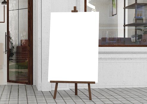 Wedding white Board, welcome sign Mockup , outdoors. Greeting template with clipping path. 3D rendering.