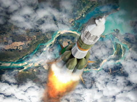 Space rocket leaves Earth. Clouds and world map on the background.  Elements of this image furnished by NASA.\nBackground image link:\nhttps://www.nasa.gov/sites/default/files/thumbnails/image/09-parana.jpg