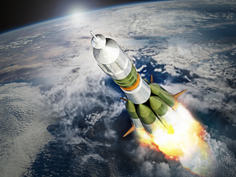 Big Heavy Rocket Space Launch System Launch. 3D Illustration.