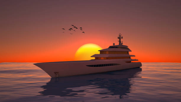 istock modern long yacht in sunset with flying birds 1431650512