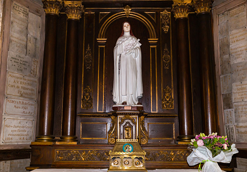 Honfleur, calvados, normandy, france, april 21, 2022 : statue of virgen Mary in Notre dame de grace chapel in Honfleur
