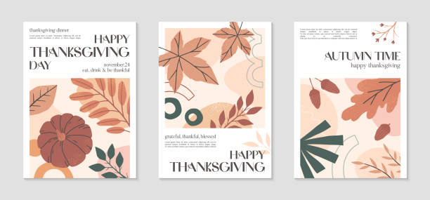 illustrations, cliparts, dessins animés et icônes de joyeuses affiches créatives de thanksgiving day avec des citrouilles, du feuillage et de l’espace de copie pour le texte - invitation elegance dinner backgrounds