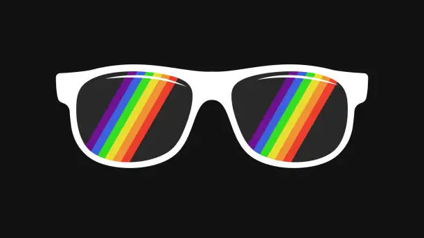 Vector illustration of White sunglasses with a reflection of the rainbow LGBT flag on the lenses on a black background