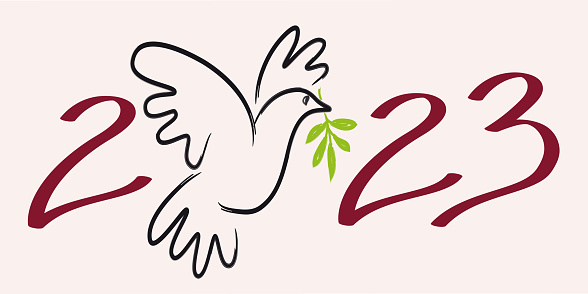 Line illustration of a dove with an olive branch, to wish a year 2023 under the utopian sign of peace in the world.