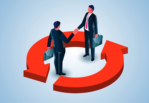 Completion of a transaction or exchange, cooperation and agreement, isometric merchants shake hands in the middle of the loop with arrows