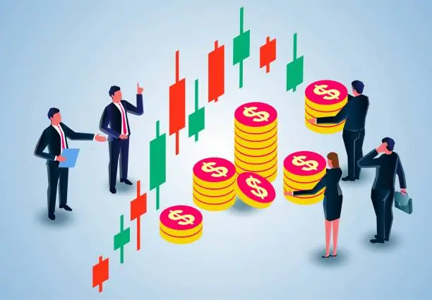 Vector illustration of Stock market chart analysis and research, stock trend lines, traders or investors looking for buy and sell indicators, investment, forex trading or profit making concepts, traders investors standing with money to analyze stock m