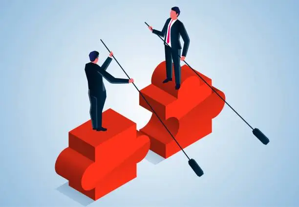 Vector illustration of The concept of finding a solution or completing the final puzzle, attracting business or finding partners, isometric two businessmen standing on the puzzle and paddling to find the missing pieces of the puzzle