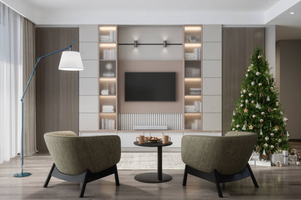 istock Smart Tv Mockup With Blank Screen In Modern Living Room With Christmas Tree, Gift Boxes And Armchairs 1431670127