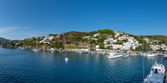 Skyros, Greece - August 26 2022: Linaria port panorama in Skyros island