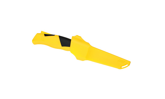 Modern diving knife with silver blade and yellow rubber handle. Steel arms. Isolate on a white background.