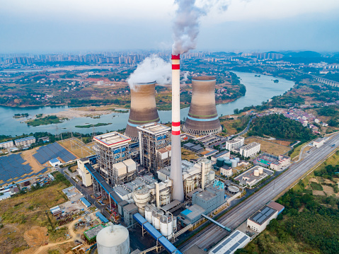 At dusk, the thermal power plants  , Cooling tower of nuclear power plant Dukovany