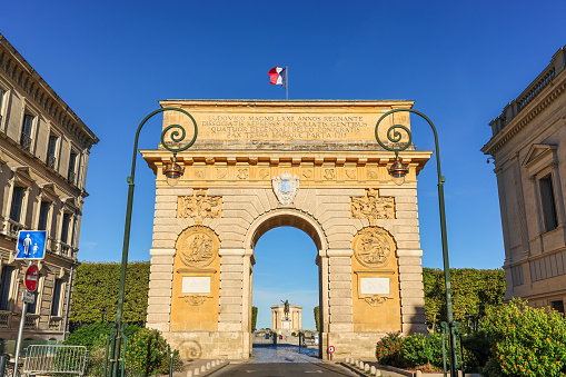 Montpellier, France - September 19, 2019: A view of the Porte du Peyrou gate in Montpellier, France, a triumphal arch facing the Jardin du Peyrou garden