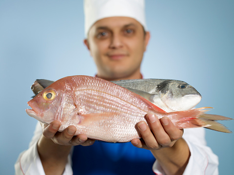 Male chef holding raw fish.