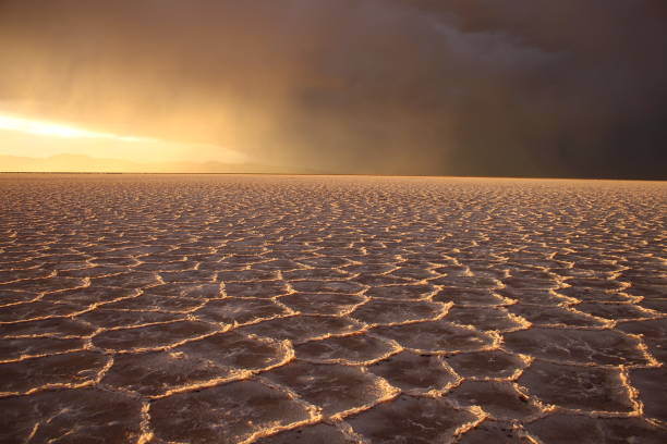 istock Amazing storm at salt flat desert on sunset 1431679092