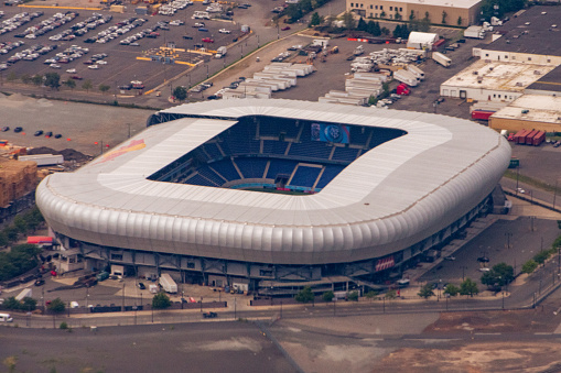 8/17/2022:   Newark, New Jersey, USA - Aerial view of Red Bull Stadium in downtown Newark.