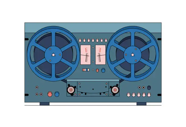 Vector illustration of Vintage reel to reel tape recorder. Vector outline illustration in retro style. White background