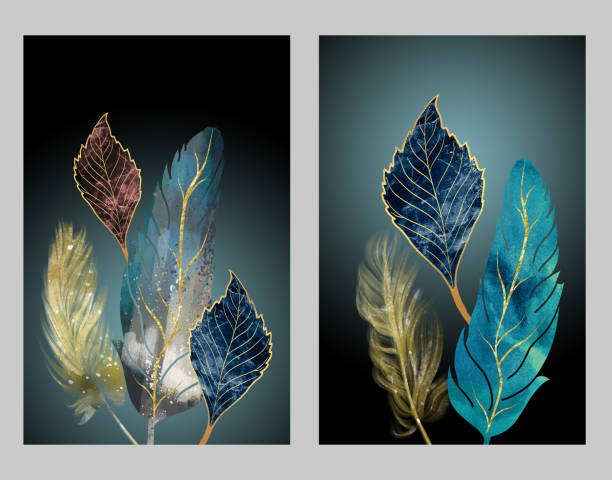 istock Canvas wall decor poster art. colorful leaves and feathers. 3d rendering in black gray background 1431685179