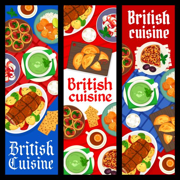 ilustraciones, imágenes clip art, dibujos animados e iconos de stock de cocina británica comidas restaurante banners verticales - yorkshire pudding
