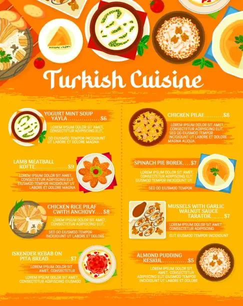 Vector illustration of Turkish cuisine menu, Turkey food dishes and lunch