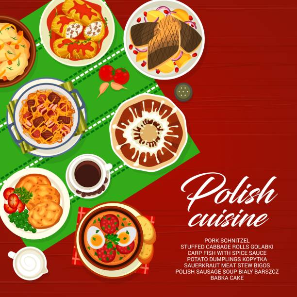 polnische küche menü essen vektor deckblatt - kartoffelknödel essen stock-grafiken, -clipart, -cartoons und -symbole
