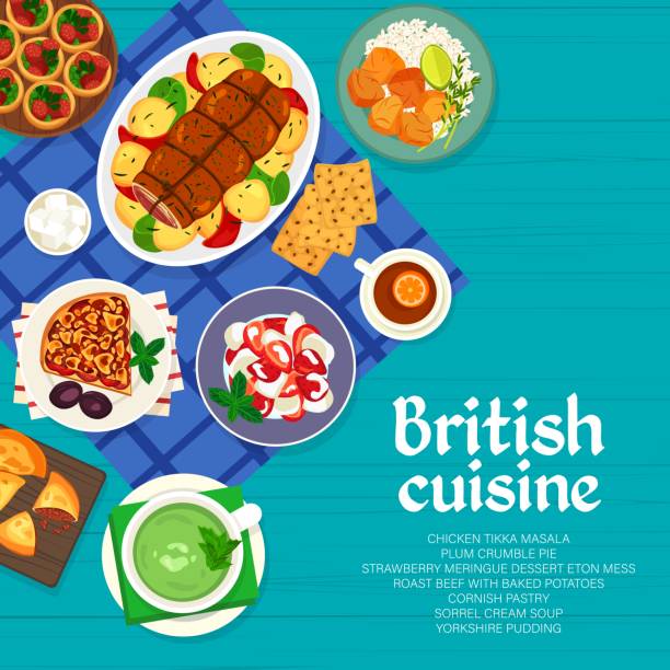 ilustraciones, imágenes clip art, dibujos animados e iconos de stock de diseño de la portada del menú de comida de la cocina británica - yorkshire pudding