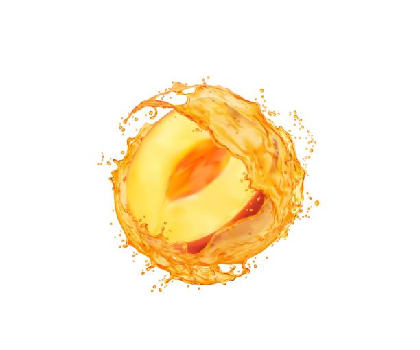 illustrazioni stock, clip art, cartoni animati e icone di tendenza di fetta di frutta alla pesca con spruzzo di succo fresco - exploding juicy liquid energy