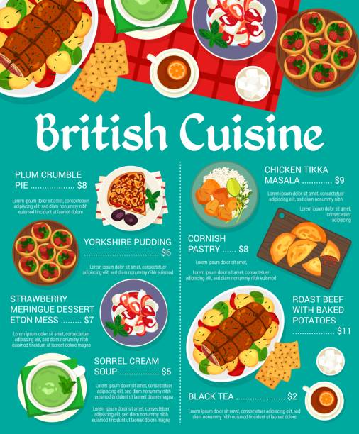 ilustraciones, imágenes clip art, dibujos animados e iconos de stock de cocina británica restaurante menú de comida diseño de página - yorkshire pudding