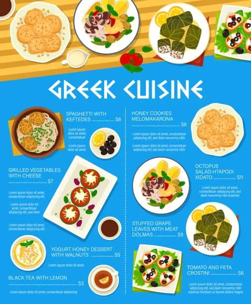 Vector illustration of Greek cuisine vector menu, price list template