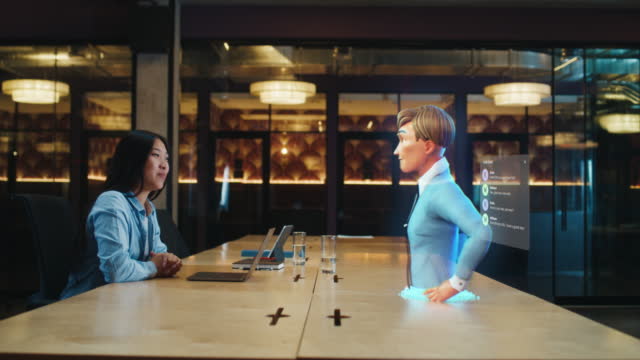 Video call of an asian woman with cartoon character boy uses hologram technology