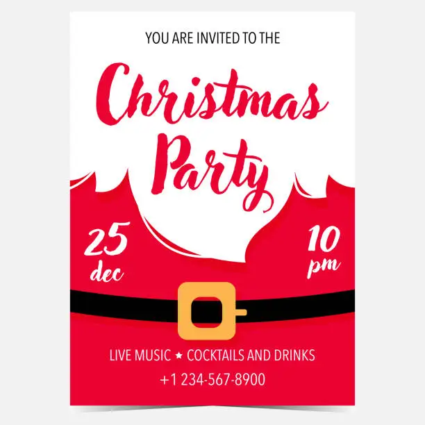 Vector illustration of party partyChristmas party invitation card, banner, poster, leaflet, flyer or brochure with Santa Claus red suit and his white beard.