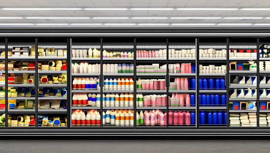 Yoghurt and milk products at glass door freezer. Mockup is suitable for presenting new packaging among many others also can be element for interior designers and architects.