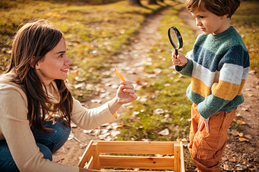 Mother and son play together in the forest. They look through a magnifying glass