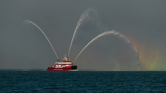 San Francisco Ca. USA 10/07/2022 Fire and rescue boat spraying hoses in the Bay Area water's