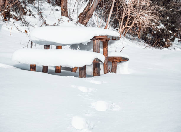 Beautiful winter landscape with a wooden table covered with a thick layer of snow. Resting place for hikers in the woods.